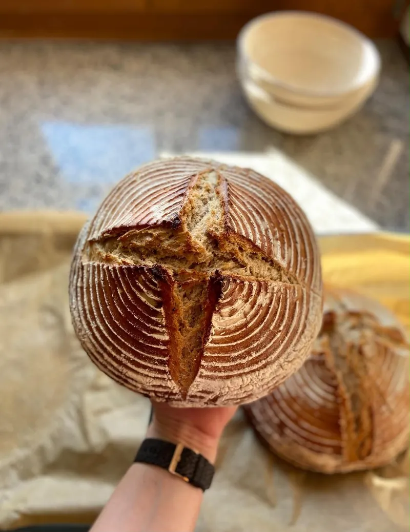 Ein runder Brotlaib in einer Hand